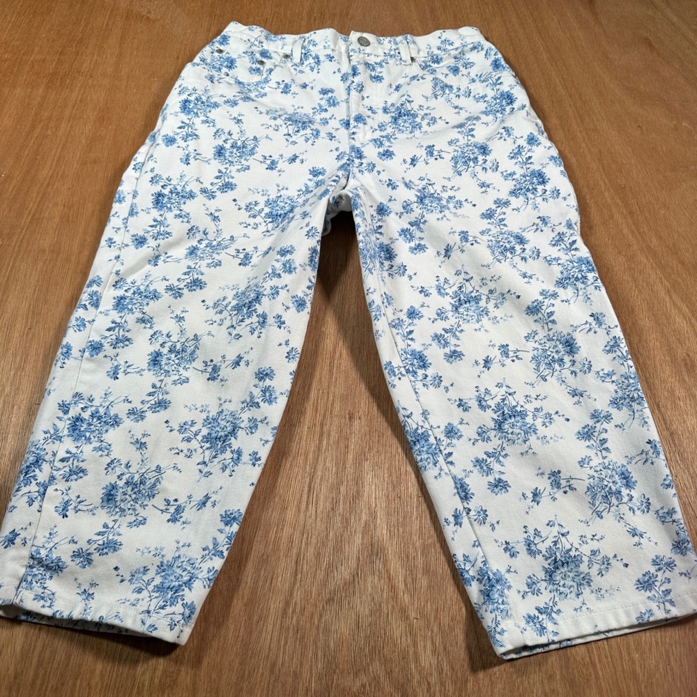 Bill Blass Jeans Women White Blue Floral Straight Leg Cropped Denim